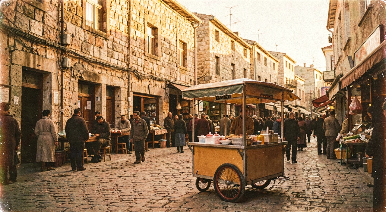A vintage-style street scene of Kahramanmaraş at golden hour, with a traditional ice-cream cart in the foreground.
