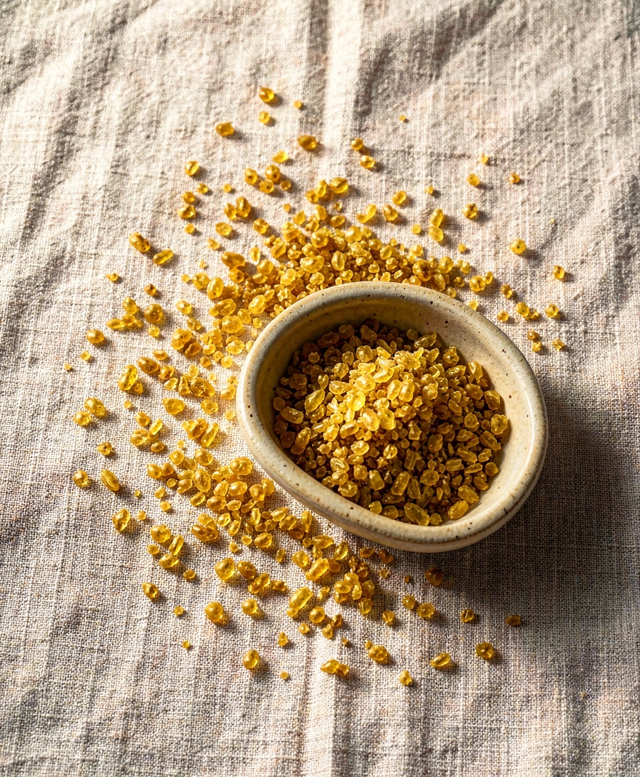Small golden mastic resin chips scattered on a linen surface.