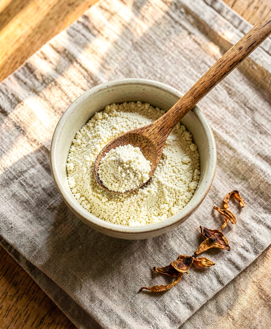 A small ceramic bowl of pale salep powder beside a wooden spoon on linen.