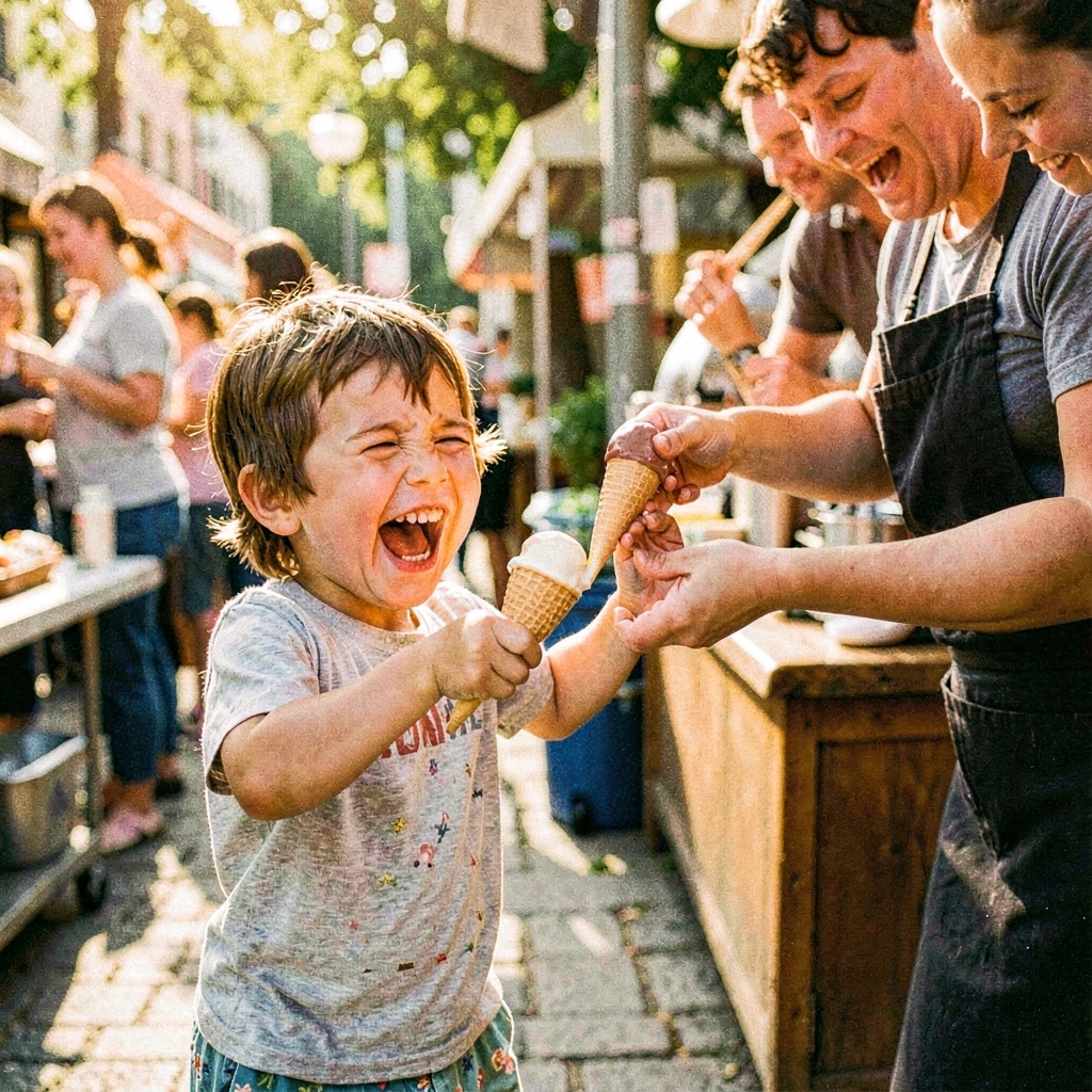 A child laughs as the vendor pulls the cone just out of reach