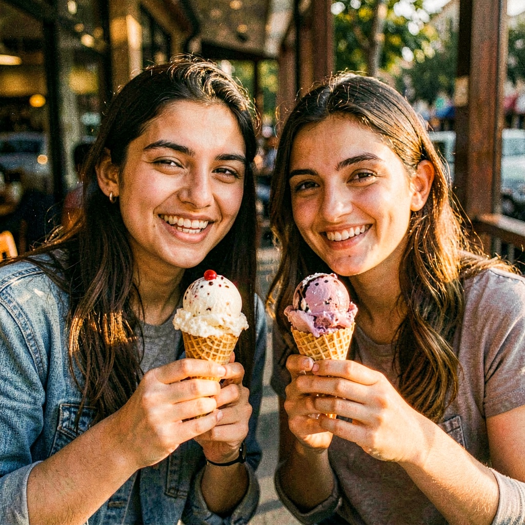 Friends sharing scoops of different flavors at a small table