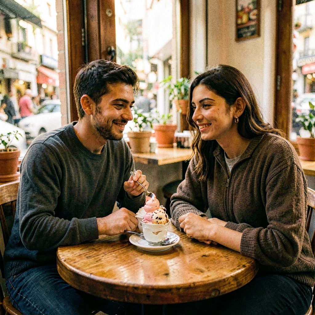 A couple sharing a single cone in afternoon light