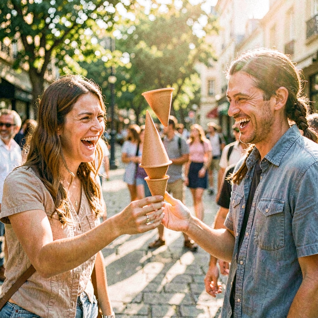 The upside-down cone trick performed for a delighted tourist
