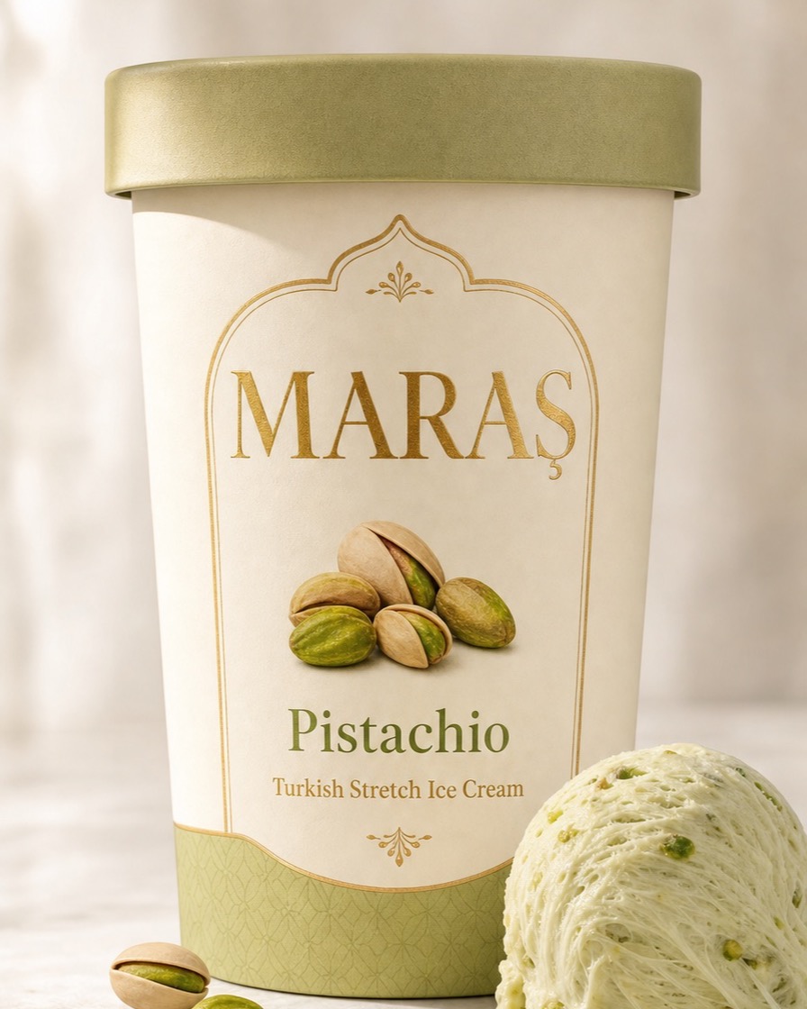 A take-home pint of Maraş Antep Pistachio (Antep Fıstığı) Turkish stretch ice cream.