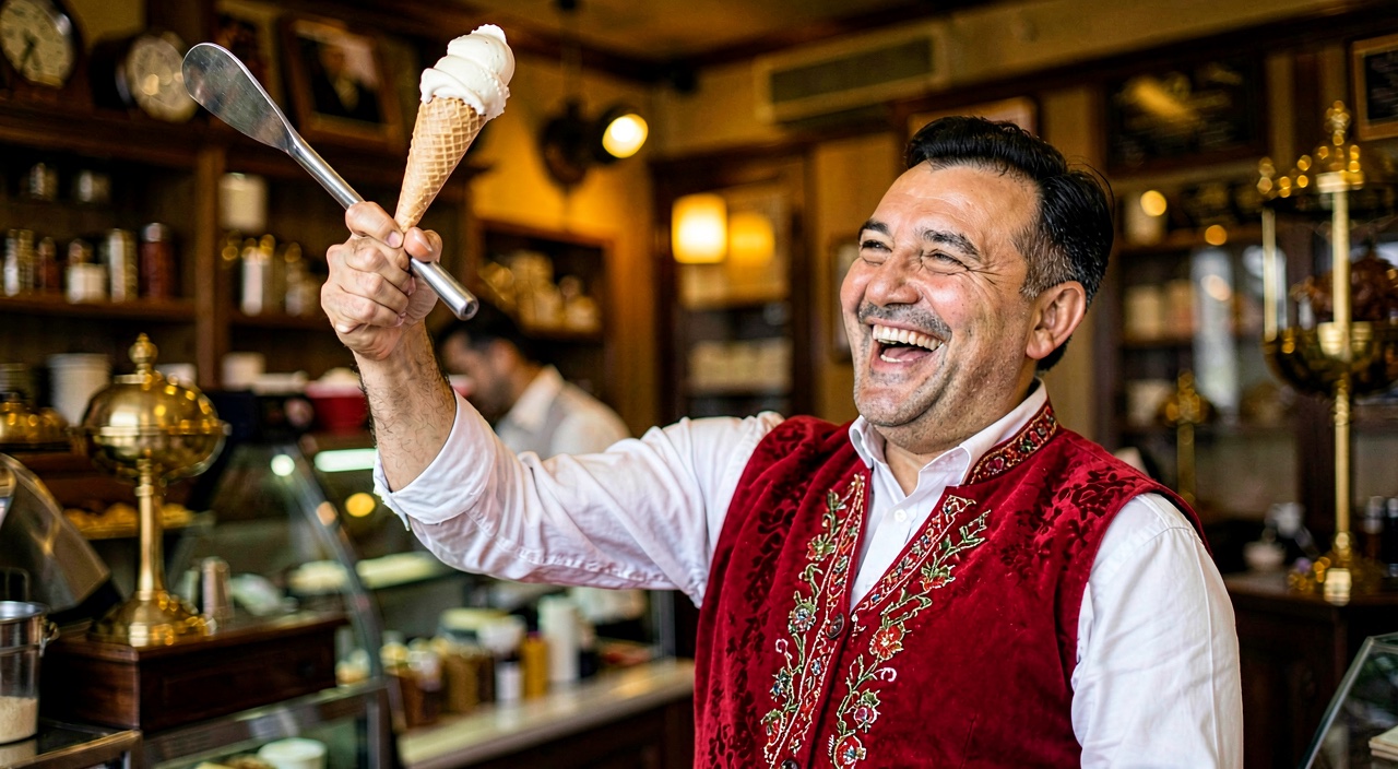 A Maraş vendor in a red embroidered vest lifts a long paddle high in the air, the stretched cone of ice cream defying gravity.